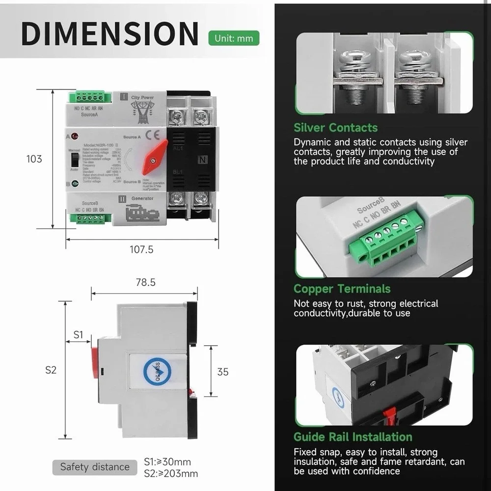 63Amp AC110V Automatic/Manual Transfer Switch 3P 50/60Hz, 3POLE 63A Mini ATS ...